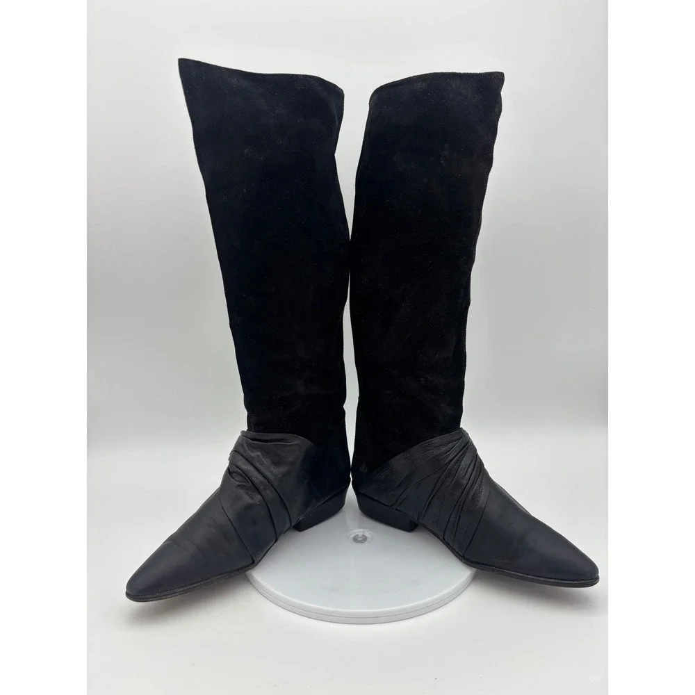 VINTAGE NICKELS Tall Riding Boot Black Leather Suede Knee High‎ Point Toe Shoe 7
